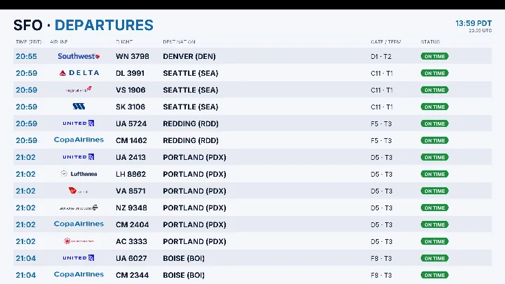 Flight board: San Francisco departures with airlines, gates and status