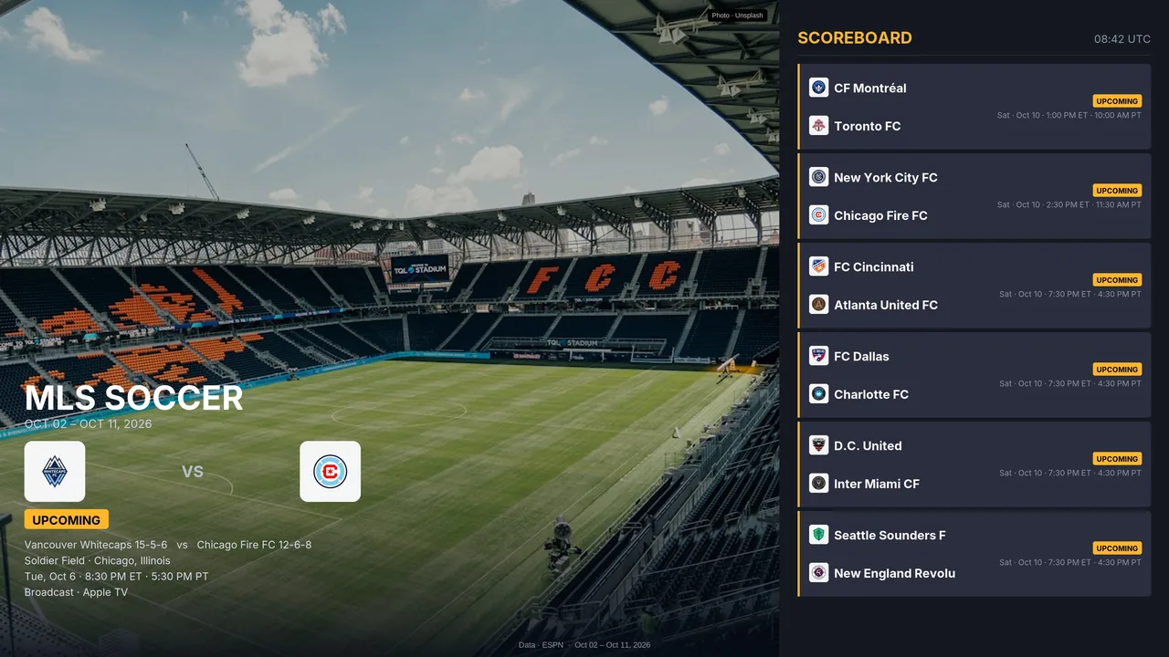Sports board: an upcoming soccer match over a stadium photo, with a scoreboard of fixtures