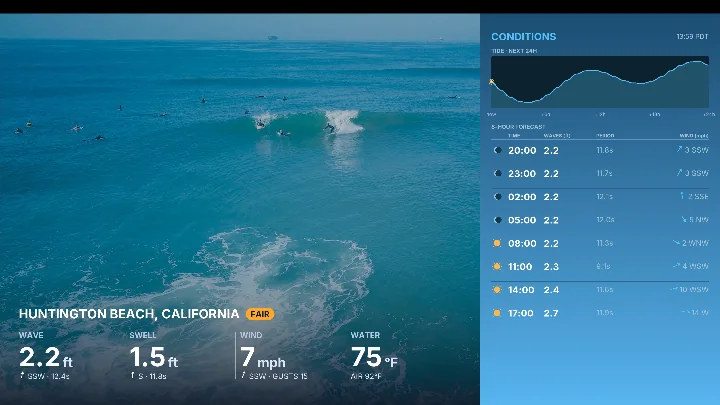 Surf board: Huntington Beach wave height, swell, wind and tide