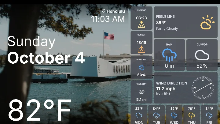 Weather cards board: Honolulu conditions over a photo backdrop