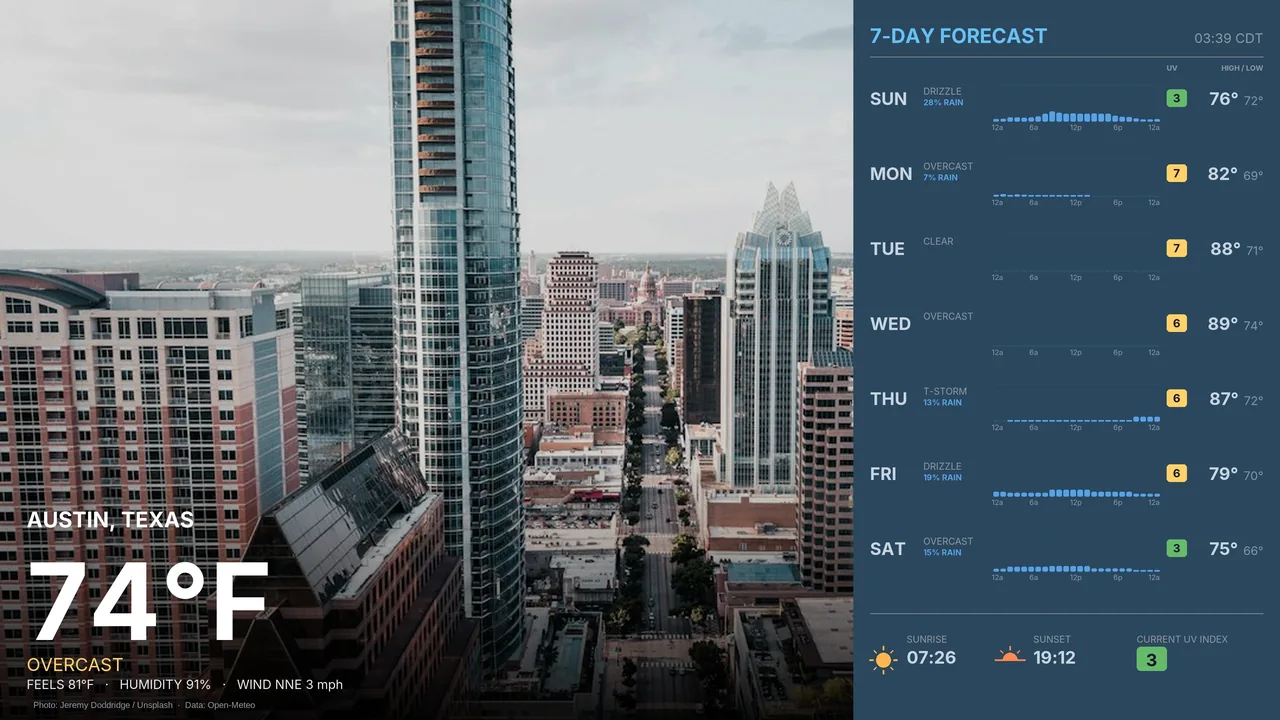 Weather board: Austin, Texas at 74°F over a skyline photo, with a 7-day forecast