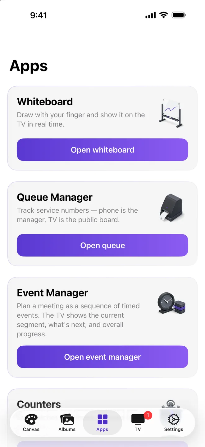 Apps tab with Whiteboard, Queue Manager and Event Manager