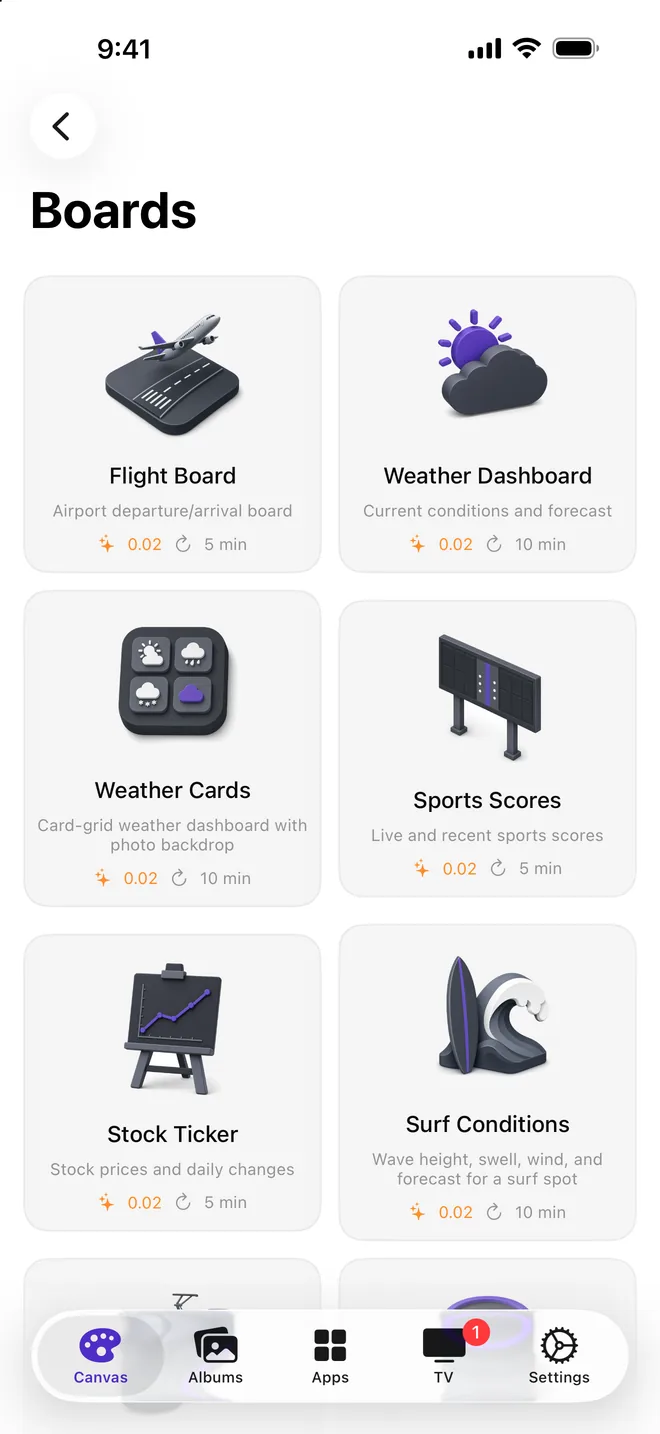 Boards catalog: flights, weather, sports, stocks, surf and more