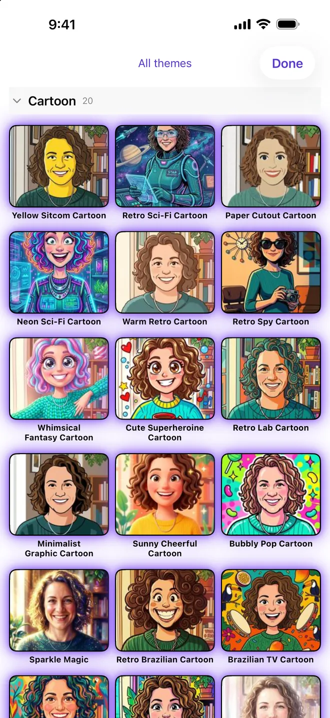 Style gallery showing a portrait in many cartoon styles